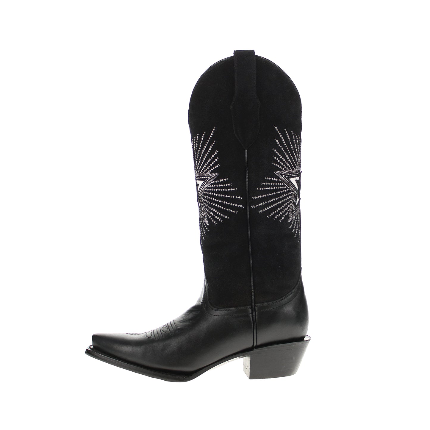 Black Snip-Toe Star Embroidery Wide Calf Knee High Cowgirl Boots