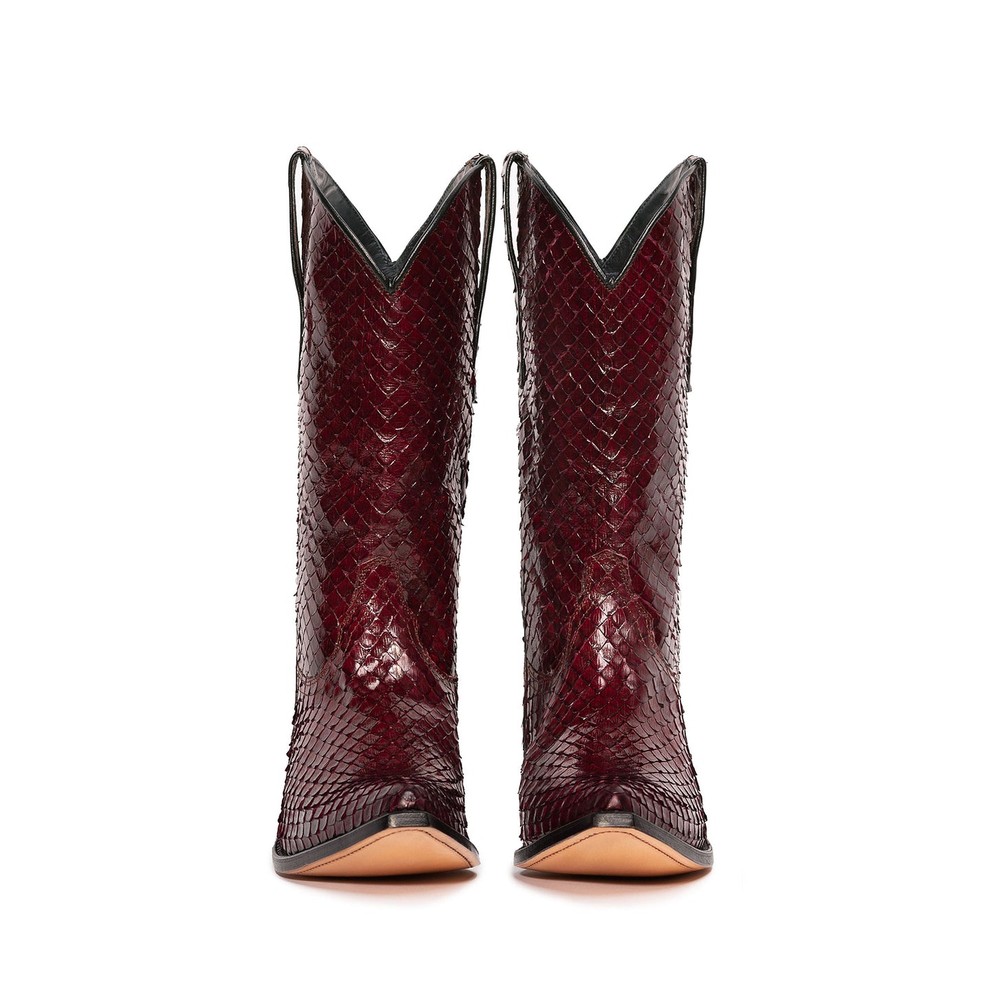 Burgundy Snakeskin Print Snip-Toe Simple Mid Calf Cowgirl Boots