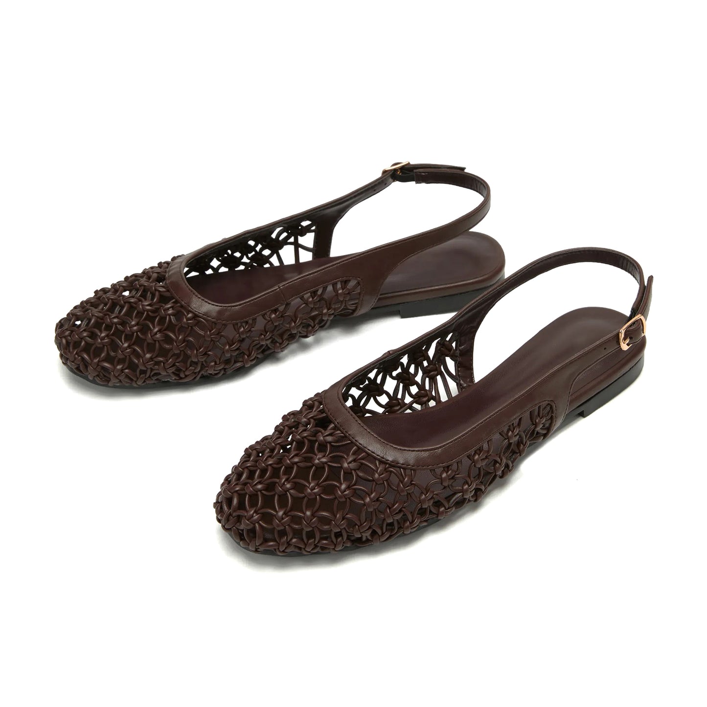 Coffee Woven Vegan Leather Square-Toe Back Buckle Strap Flats