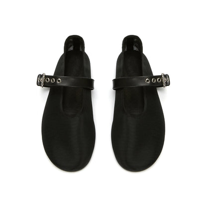 Black Mesh Round-Toe Ballet Flats With Bridge Strap