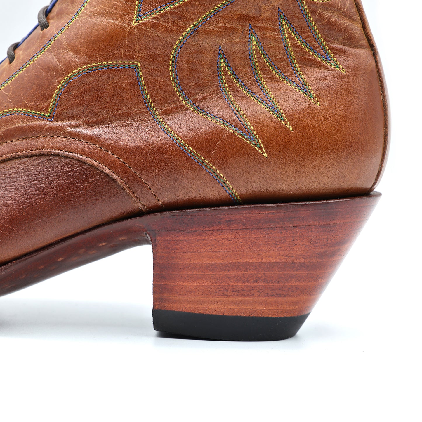 Brown Snip-Toe Embroidery Front Lace-Up Ankle Cowgirl Boots