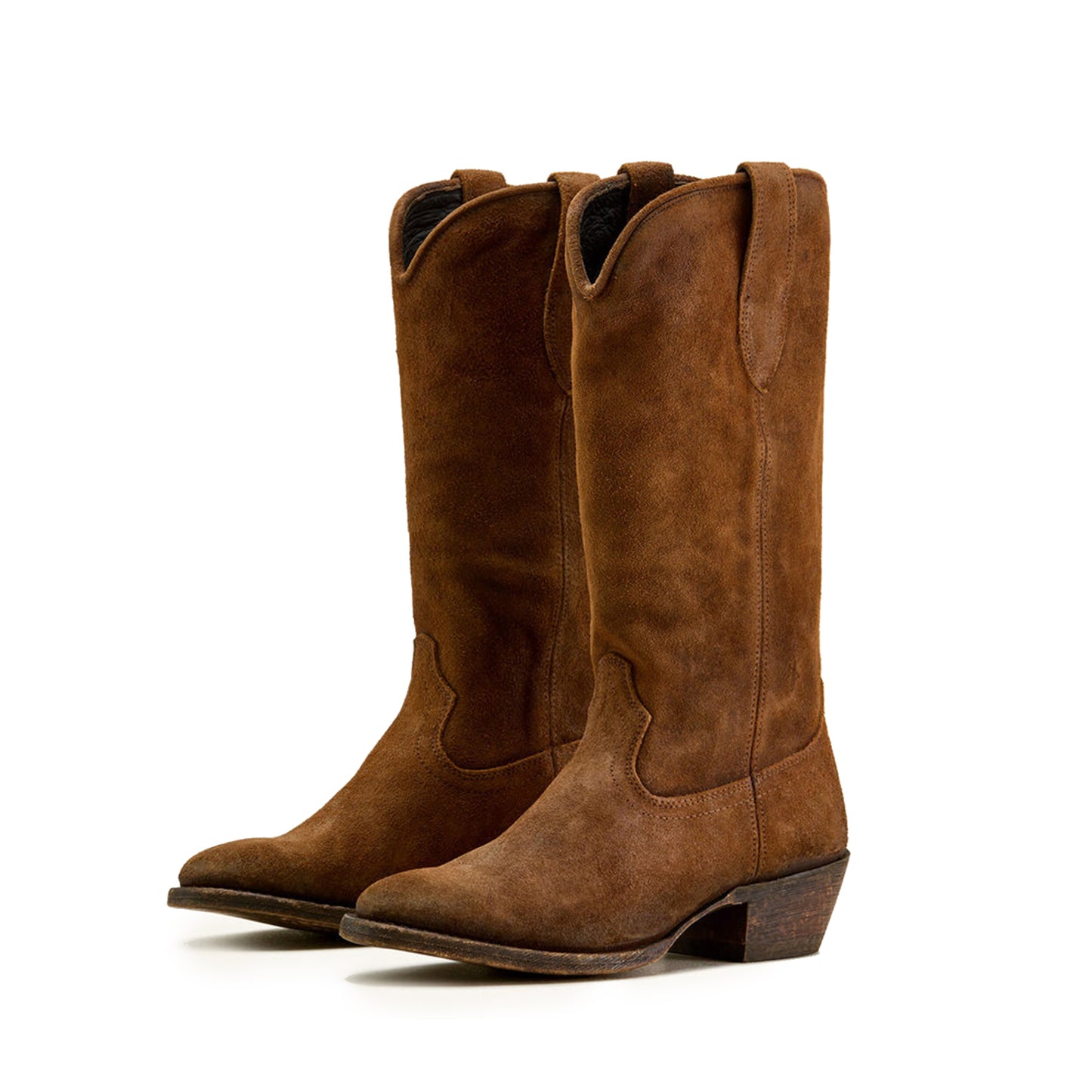 Brown Faux Suede Round-Toe Simple Mid Calf Classic Cowgirl Boots