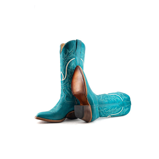 Turquoise Almond-Toe Embroidery Studs Half-Zip Mid Calf Cowgirl Boots