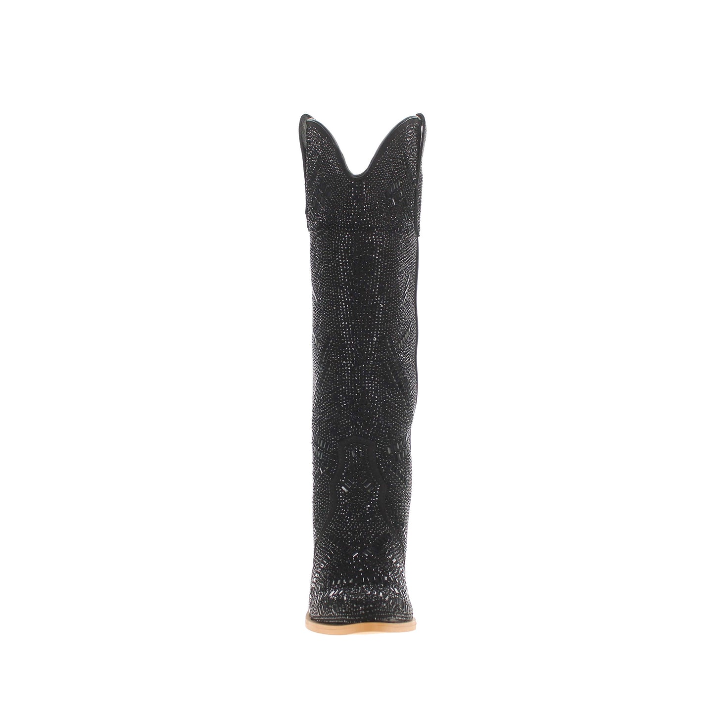 Black Faux Suede Pointed-Toe Full Crystals Wide Calf Knee High Cowgirl Boots