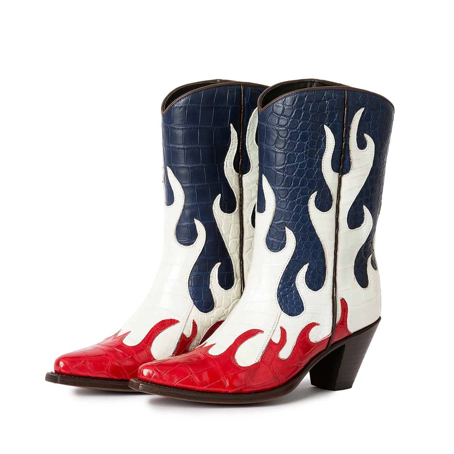 Contrast Colors Crocodile Print Pointed-Toe Flame Appliques Ankle Cowgirl Boots