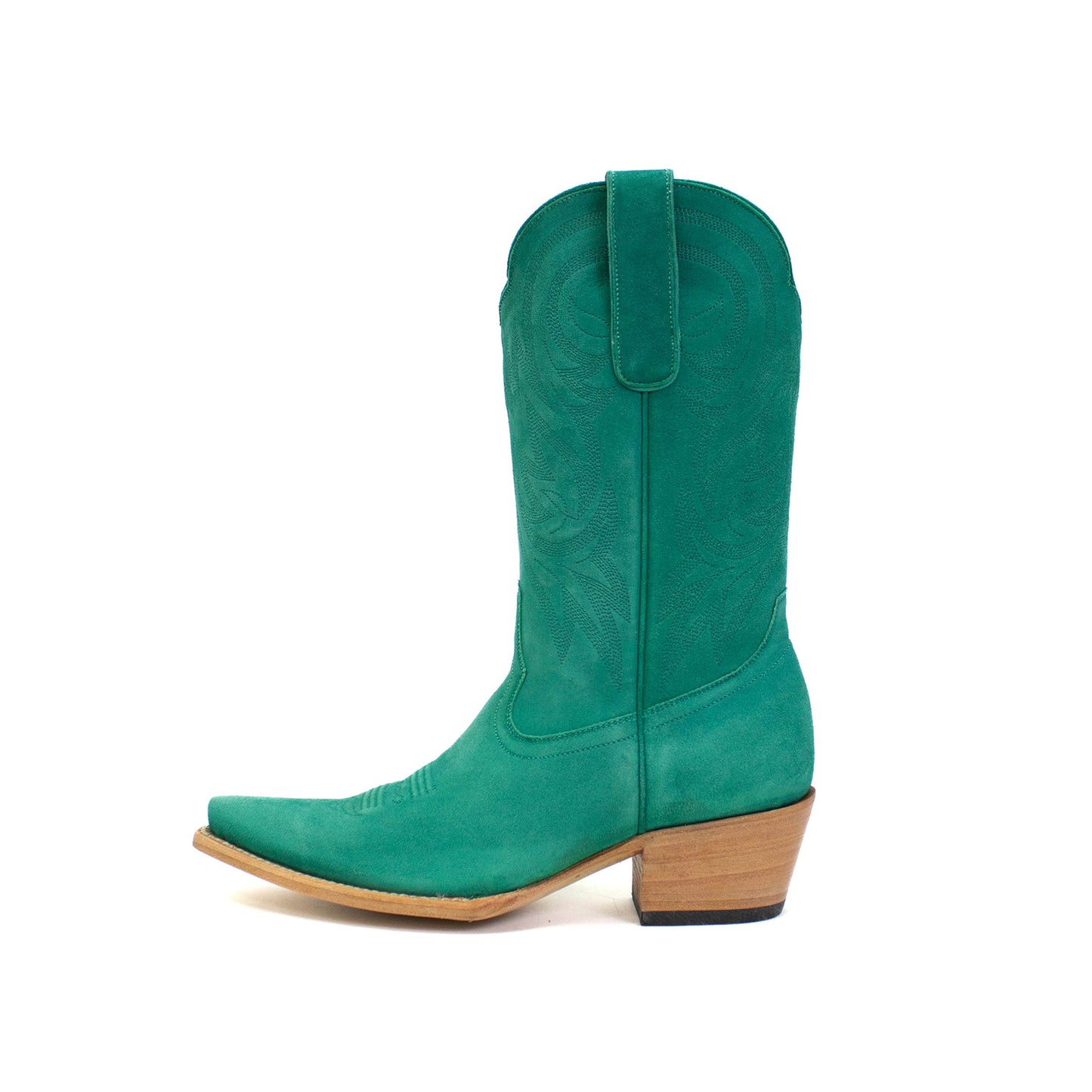 Green Faux Suede Snip-Toe Western Embroidery Mid Calf Cowgirl Boots