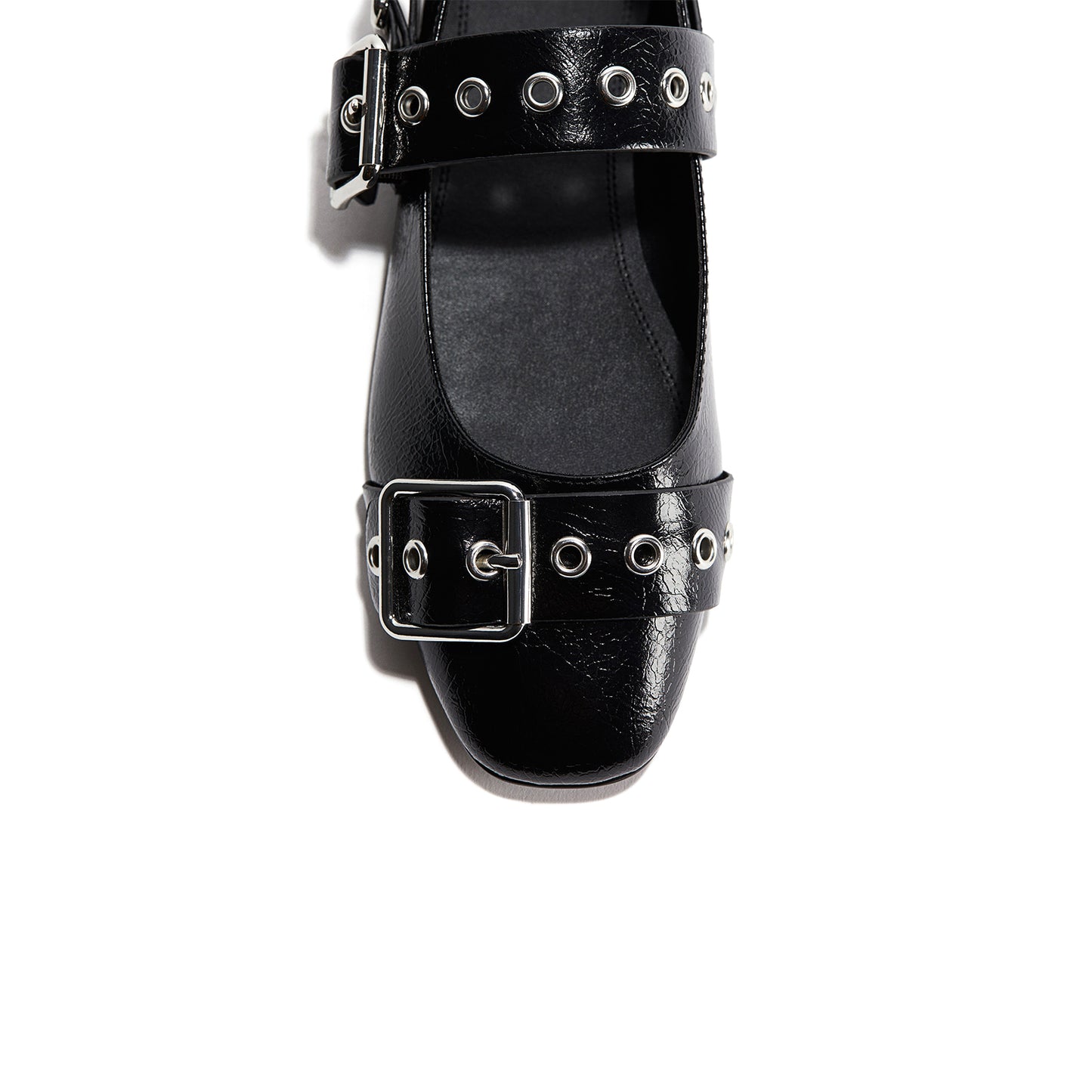 Black Square-Toe Eyelet Straps Ballet Flats