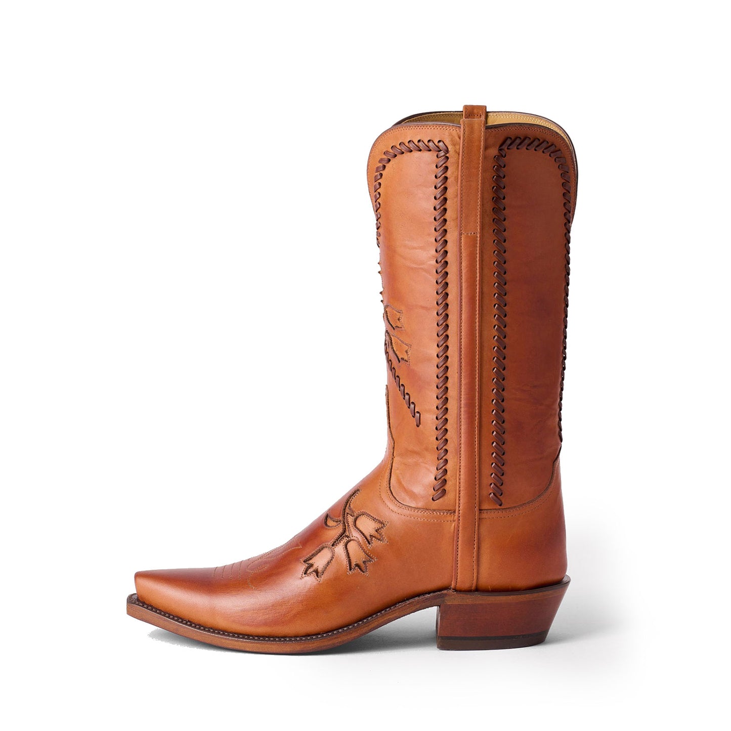 Cognac Snip-Toe Little Tulips Inlay And Running Stitch Mid Calf Cowgirl Boots