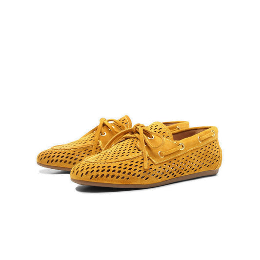 Yellow Faux Suede Round-Toe Little Cutout And Bow Chic Flats