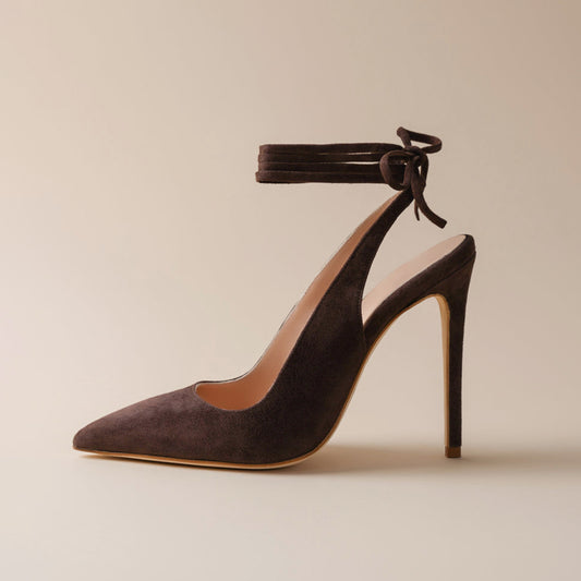Black Faux Suede Pointed-Toe Slingback Ankle Laces High Heels