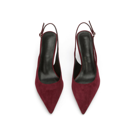 Burgundy Faux Suede Pointed-Toe Classic Buckle Slingback Kitten Heels