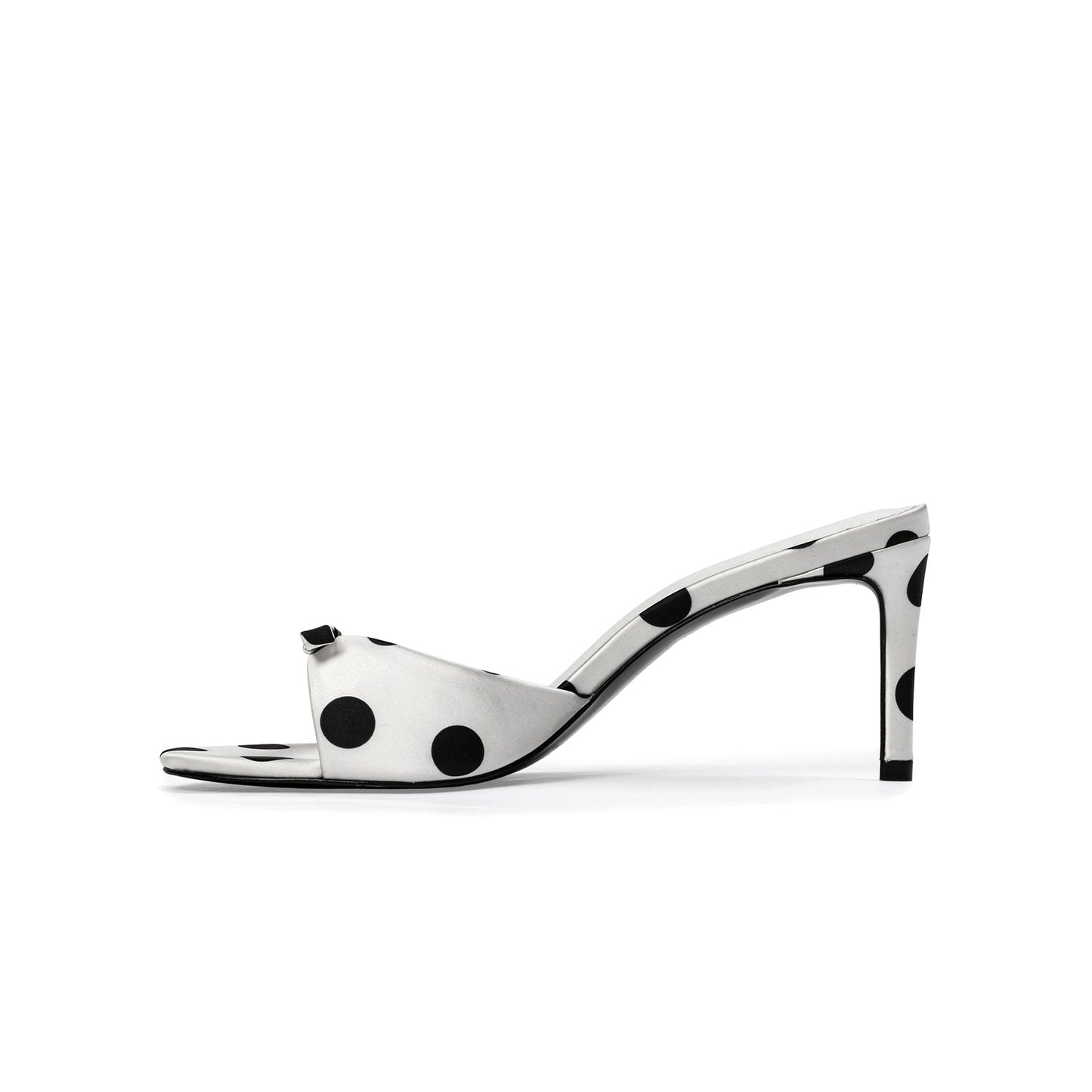 White Satin Polka Dot Open Round-Toe Backless Kitten Heels