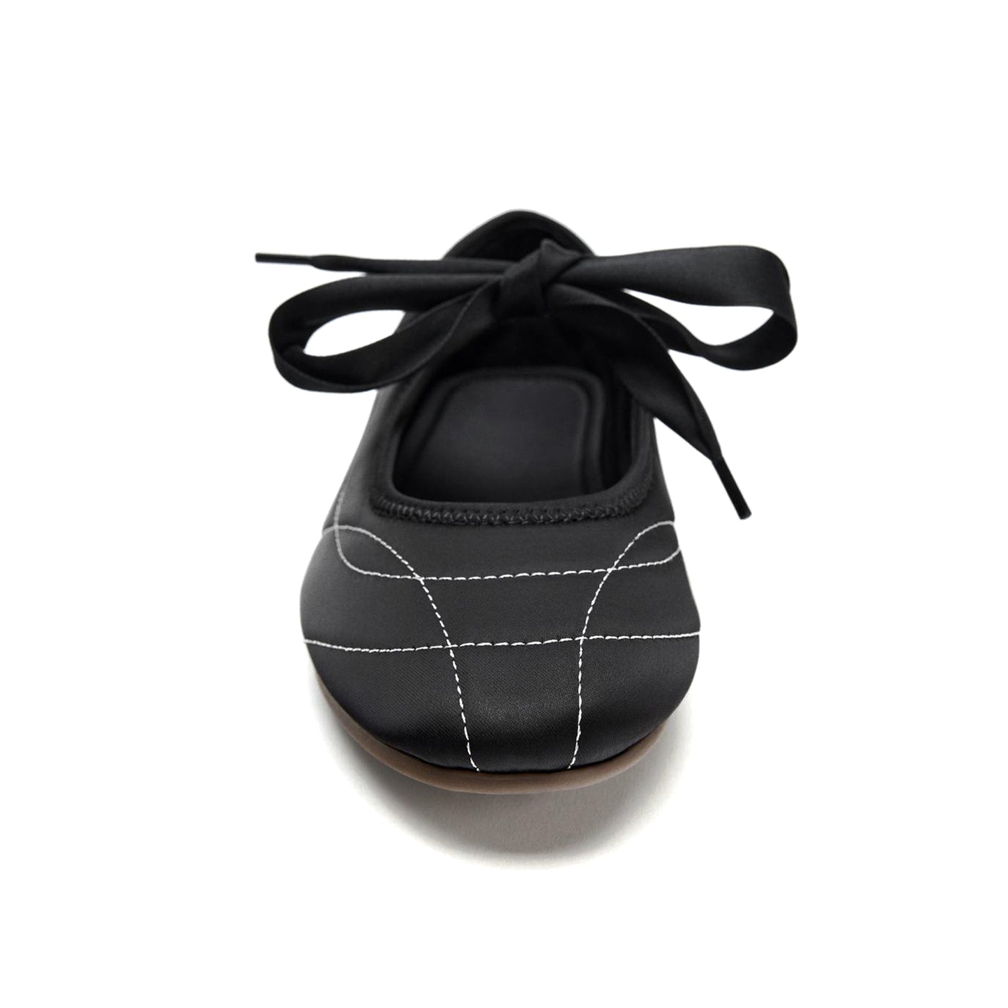 Black Satin Round-Toe Chic Stitch Bridge Strap Flats