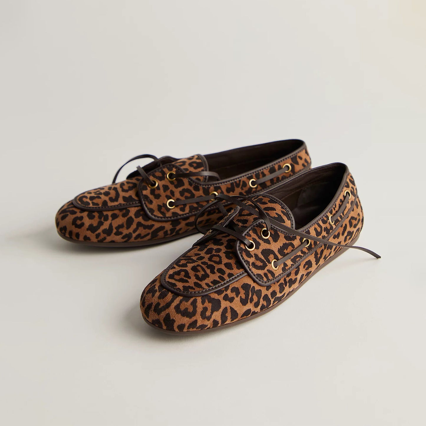 Leopard Faux Suede Round-Toe Lace-Up Boat Shoes Flats