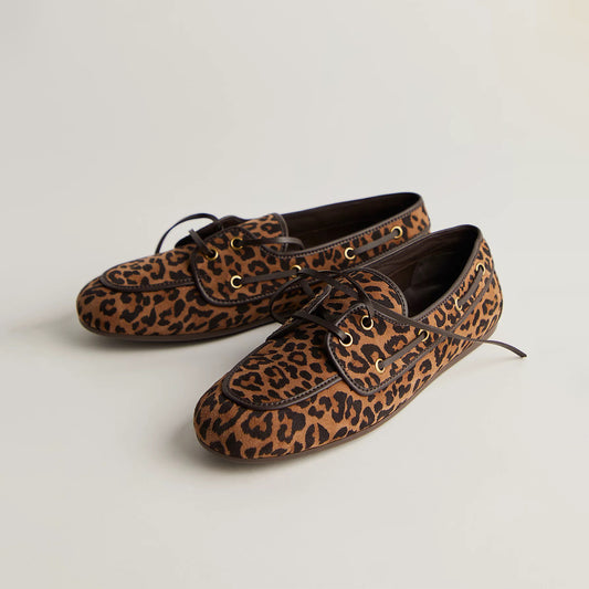 Leopard Faux Suede Round-Toe Lace-Up Boat Shoes Flats