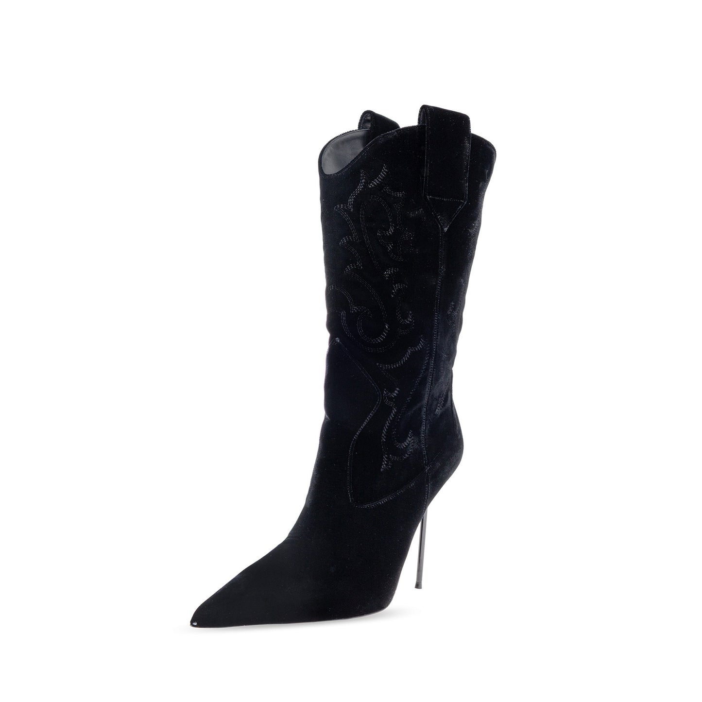 Black Velvet Pointed-Toe Embroidery Chic Mid Calf Stiletto Boots
