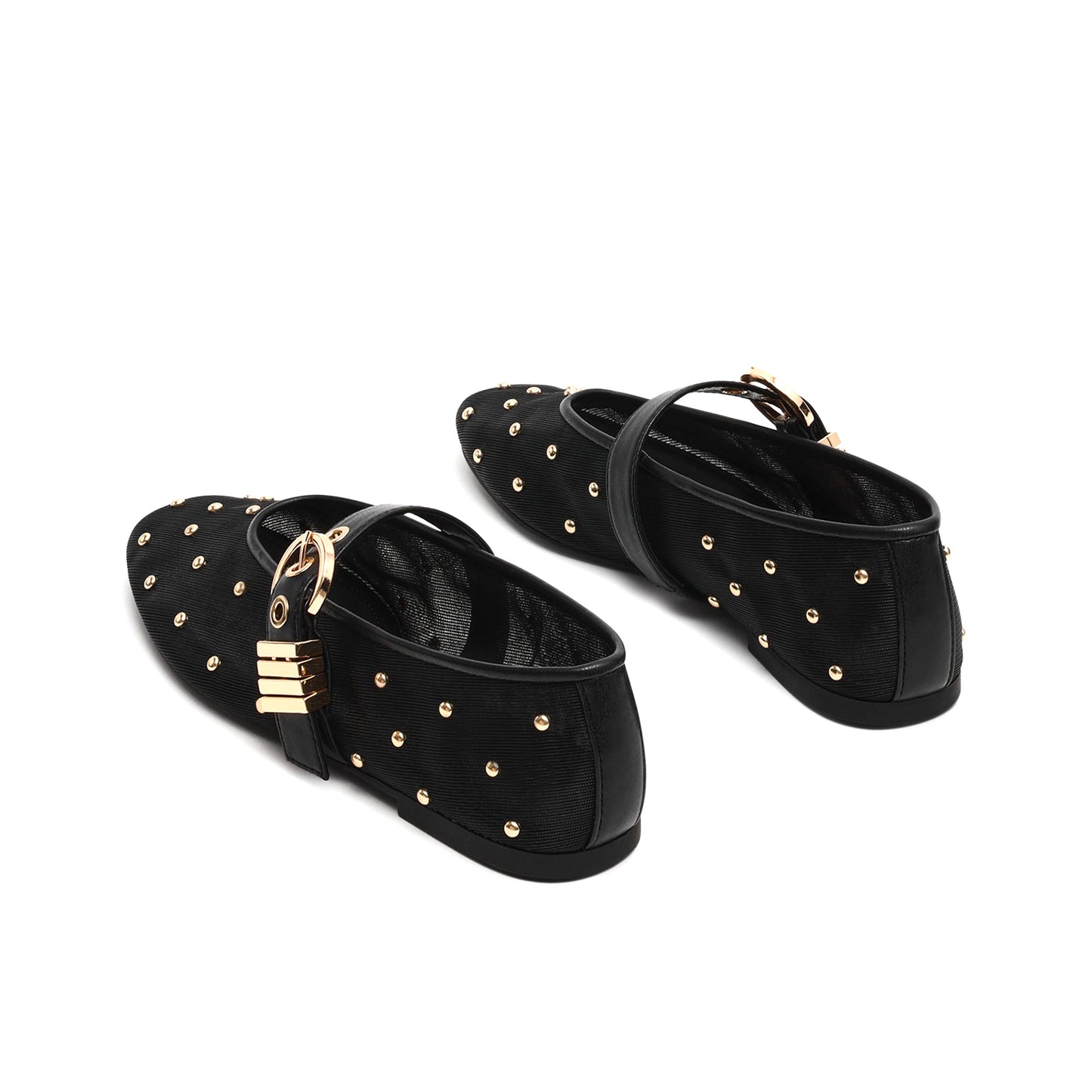 Black Studded Mesh Square-Toe Bridge Strap Ballet Flats