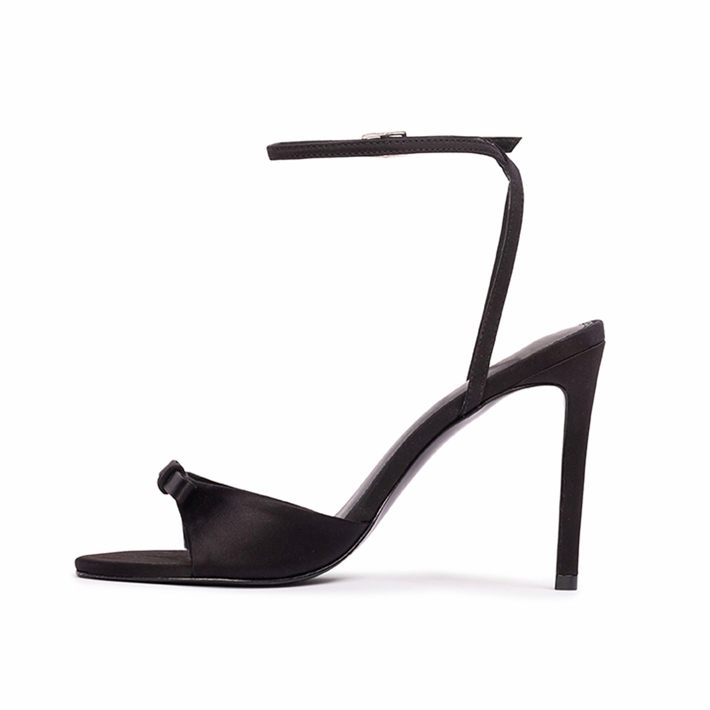 Black Satin Round-Toe Front Bow Ankle Strap High Stiletto Heels