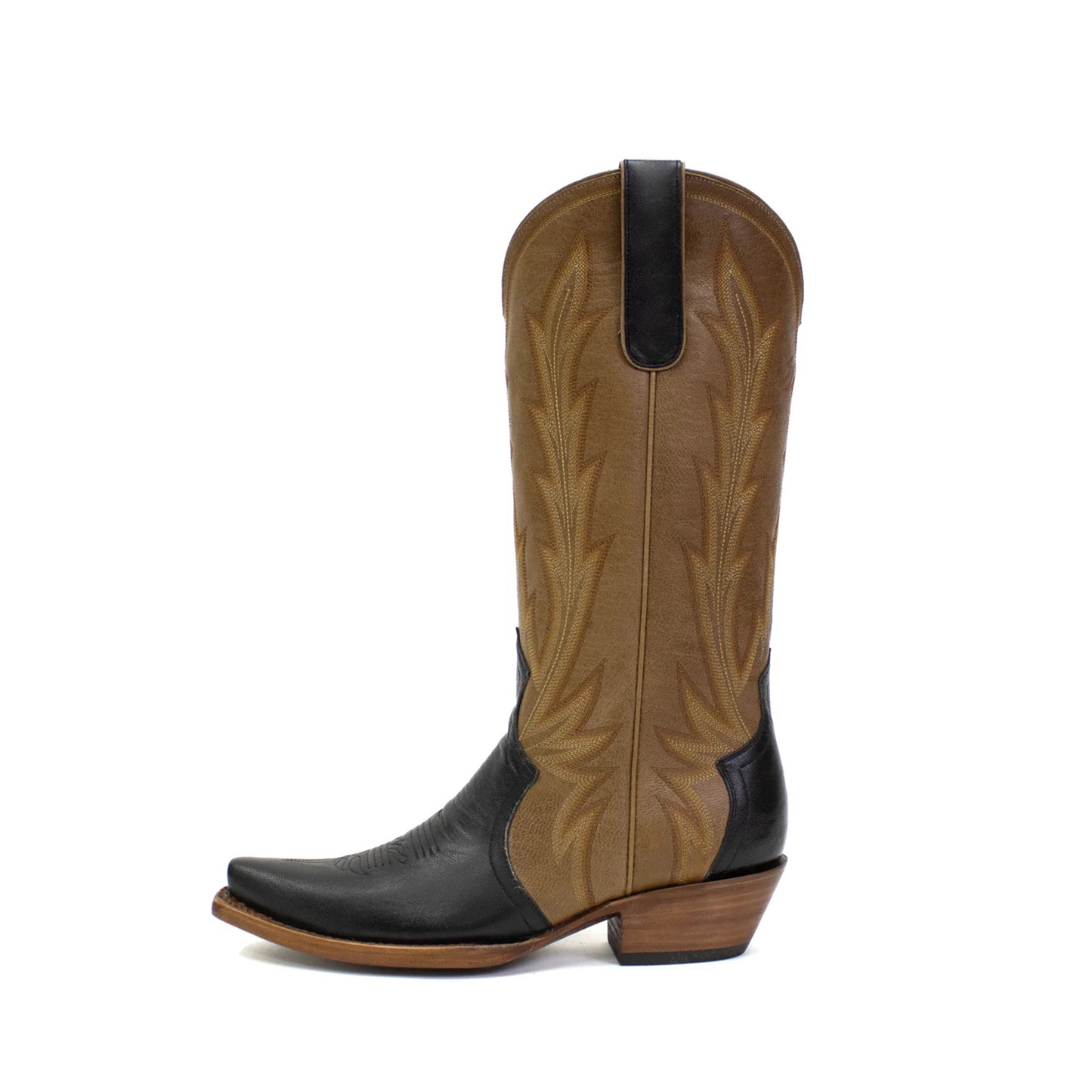 Contrast Brown And Black Snip-Toe Western Embroidery Classic Mid Calf Cowgirl Boots