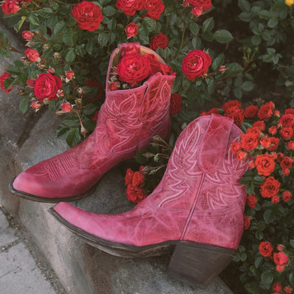 Distressed Pink Almond-Toe Embroidery Ankle Cowgirl Boots