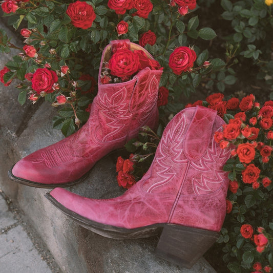 Distressed Pink Almond-Toe Embroidery Ankle Cowgirl Boots
