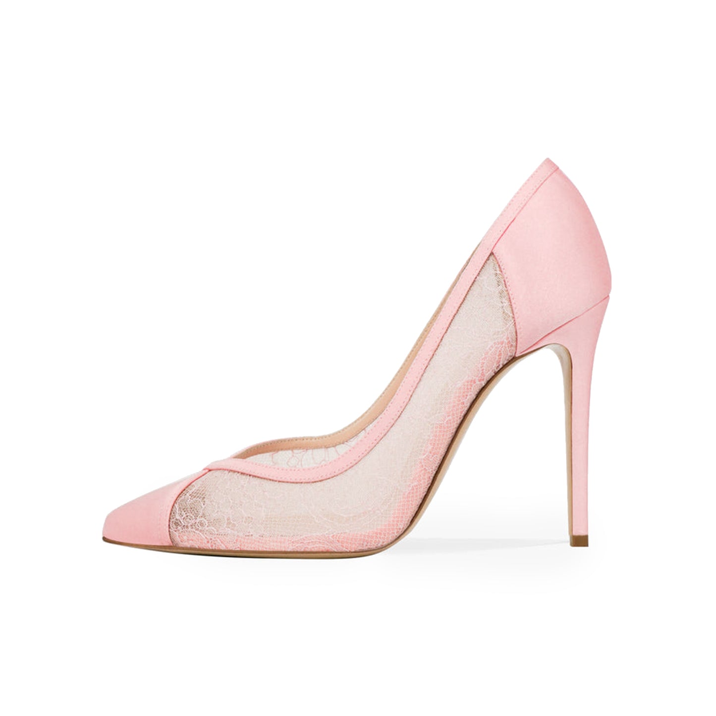Pink Lace Mesh And Satin Pointed-Toe Slip-On Classic High Heels