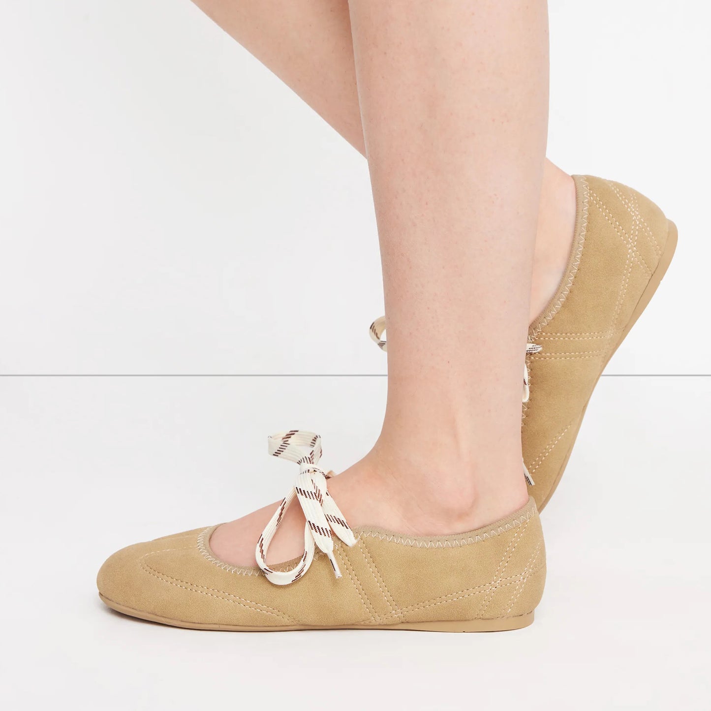 Khaki Faux Suede Round-Toe Middle Strap Simple Ballet Flats