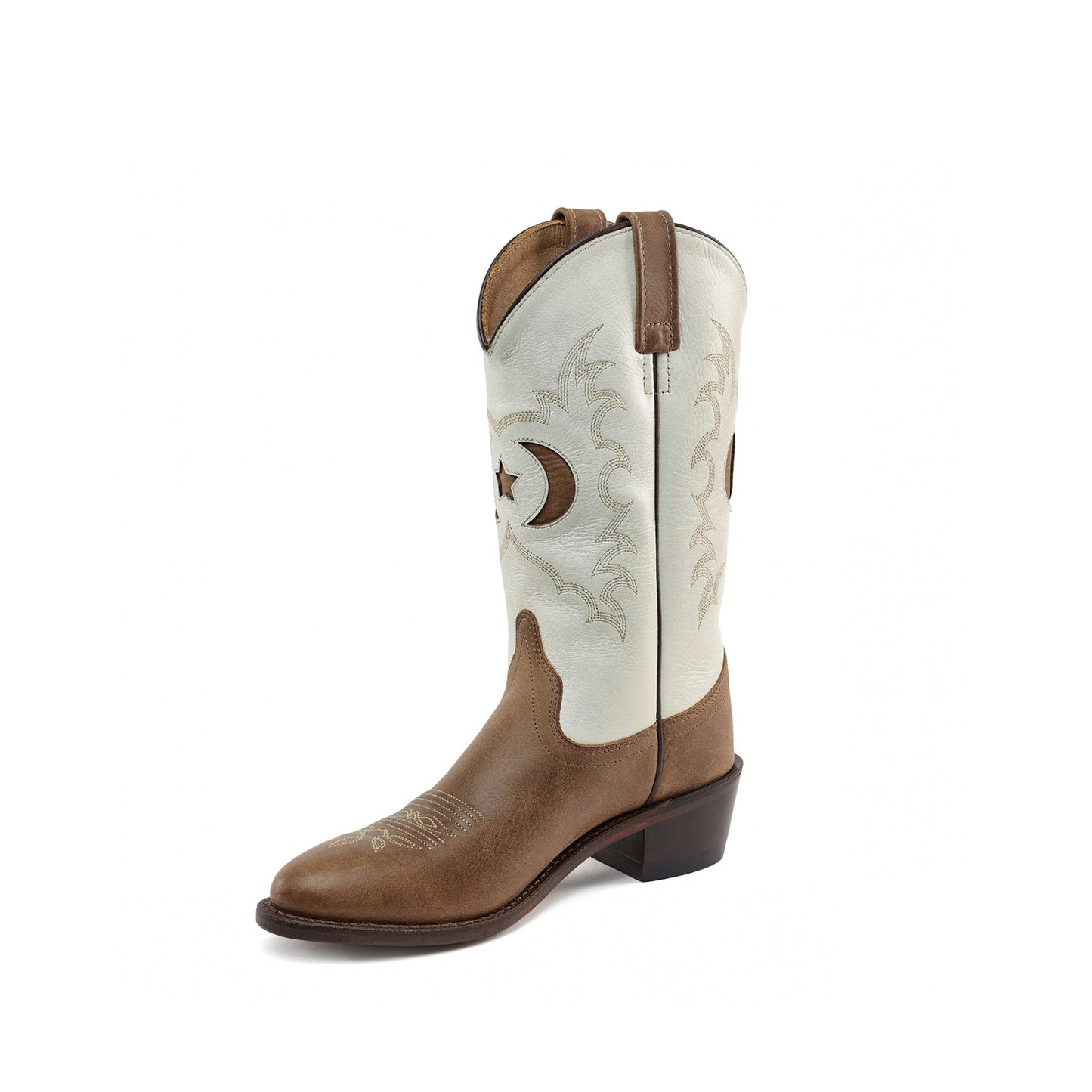 Contrast White And Brown Almond-Toe Moon Star Inlay Embroidery Mid Calf Cowgirl Boots