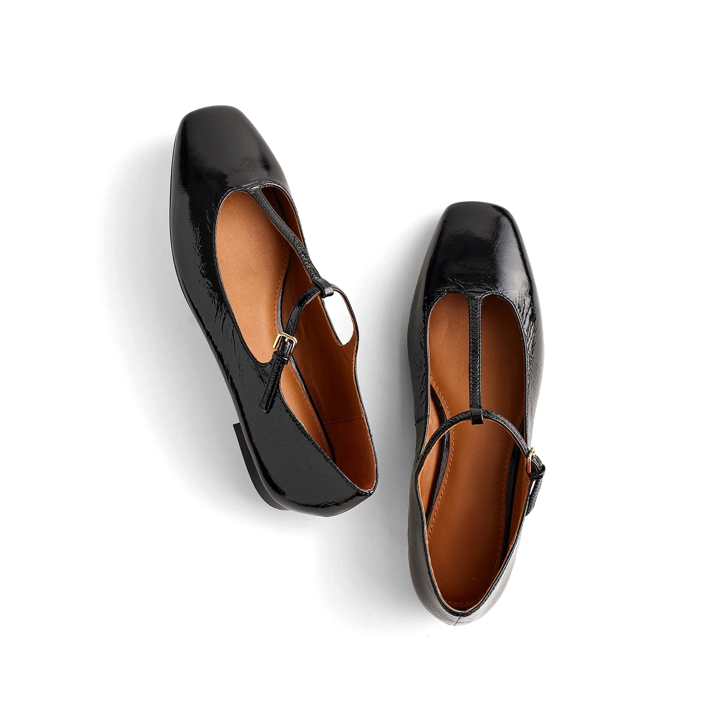 Patent Black Square-Toe Buckled T-Strap Ballet Flats