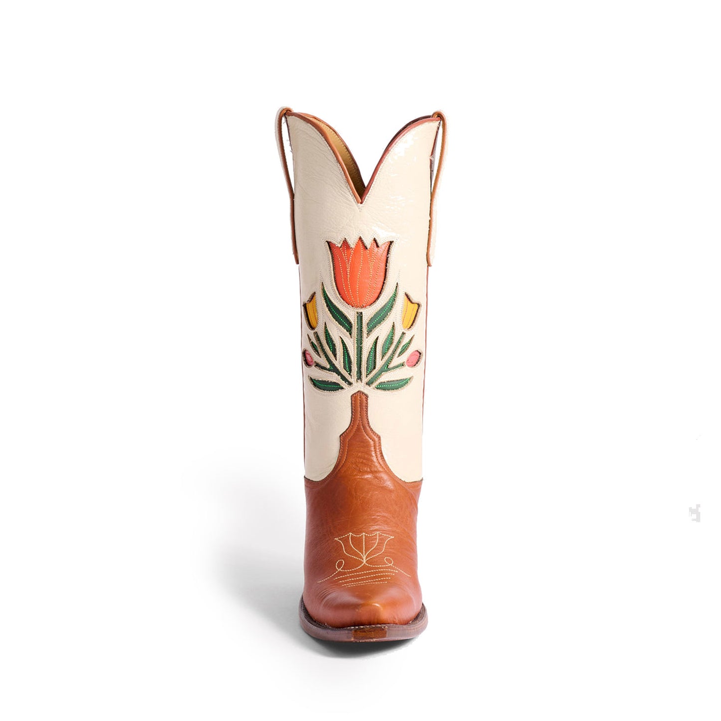 Contrast Cream And Cognac Snip-Toe Colorful Tulips Inlay Mid Calf Cowgirl Boots