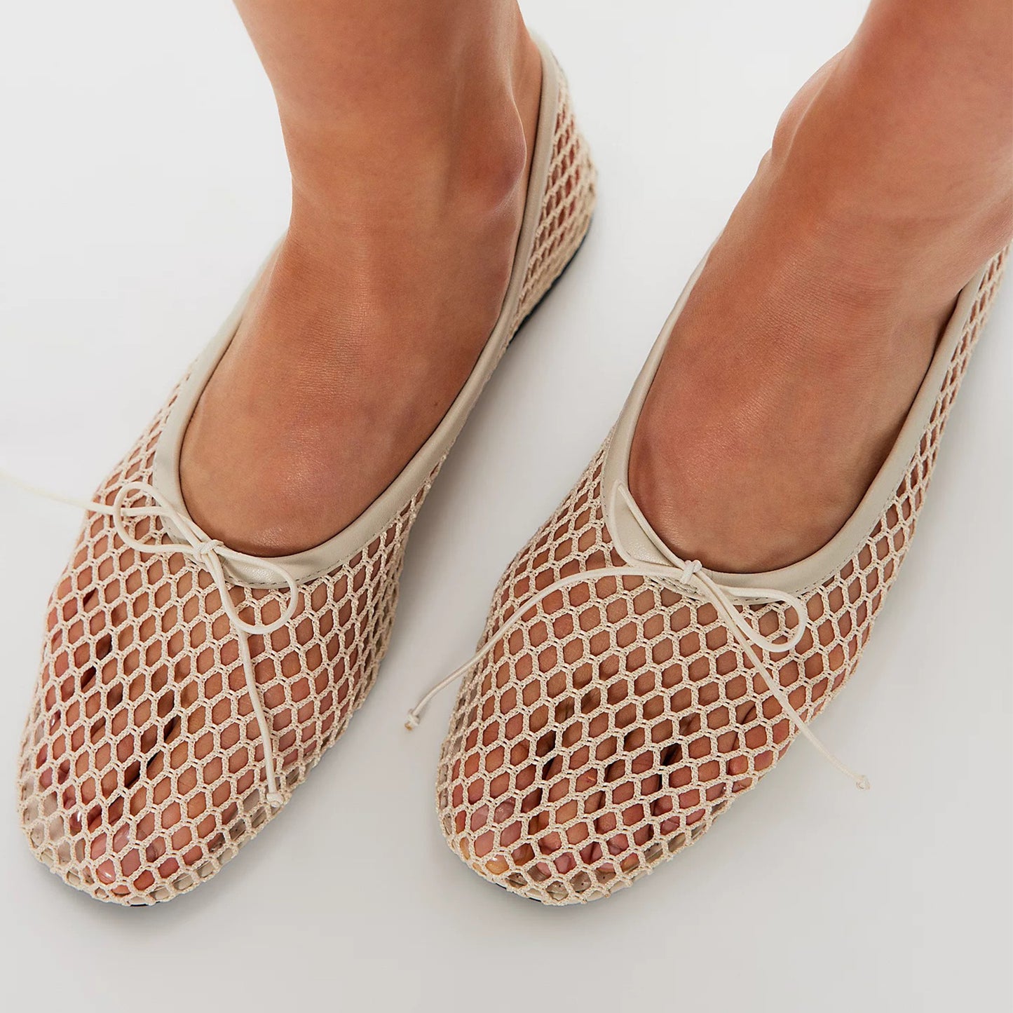 Beige Mesh And Vegan Leather Square-Toe Front Bow Ballet Flats
