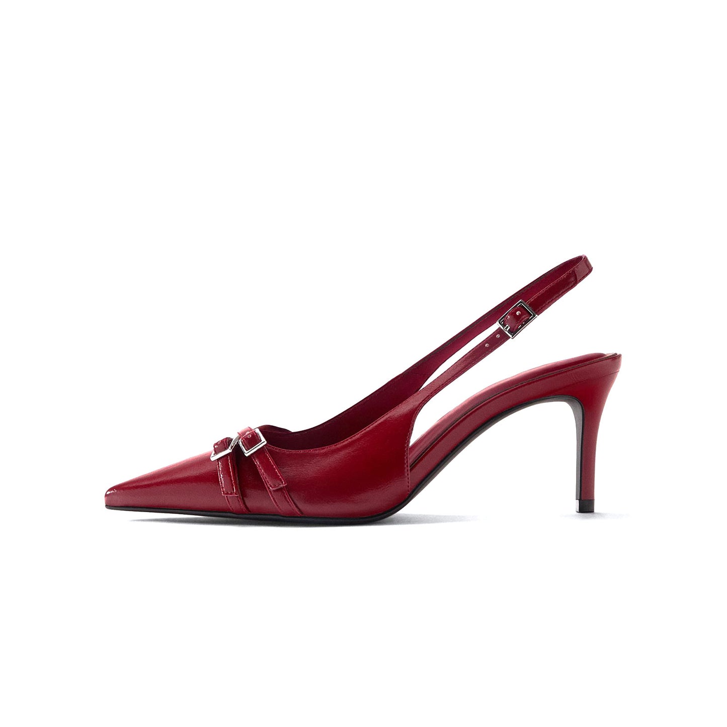 Red Pointed-Toe Front Double Buckle Straps And Back Strap Kitten Heels