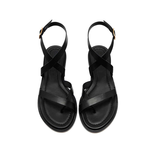 Black Round-Toe Front And Ankle Strap Sandals Flats
