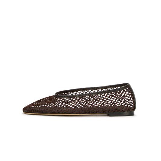 Chocolate Mesh Vegan Leather Square-Toe Ballet Flats