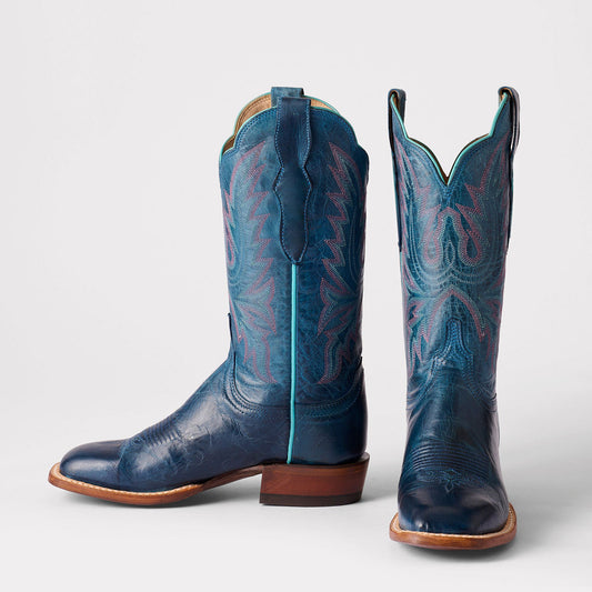 Dark Blue Square-Toe Delicate Embroidery Classic Mid Calf Cowgirl Boots
