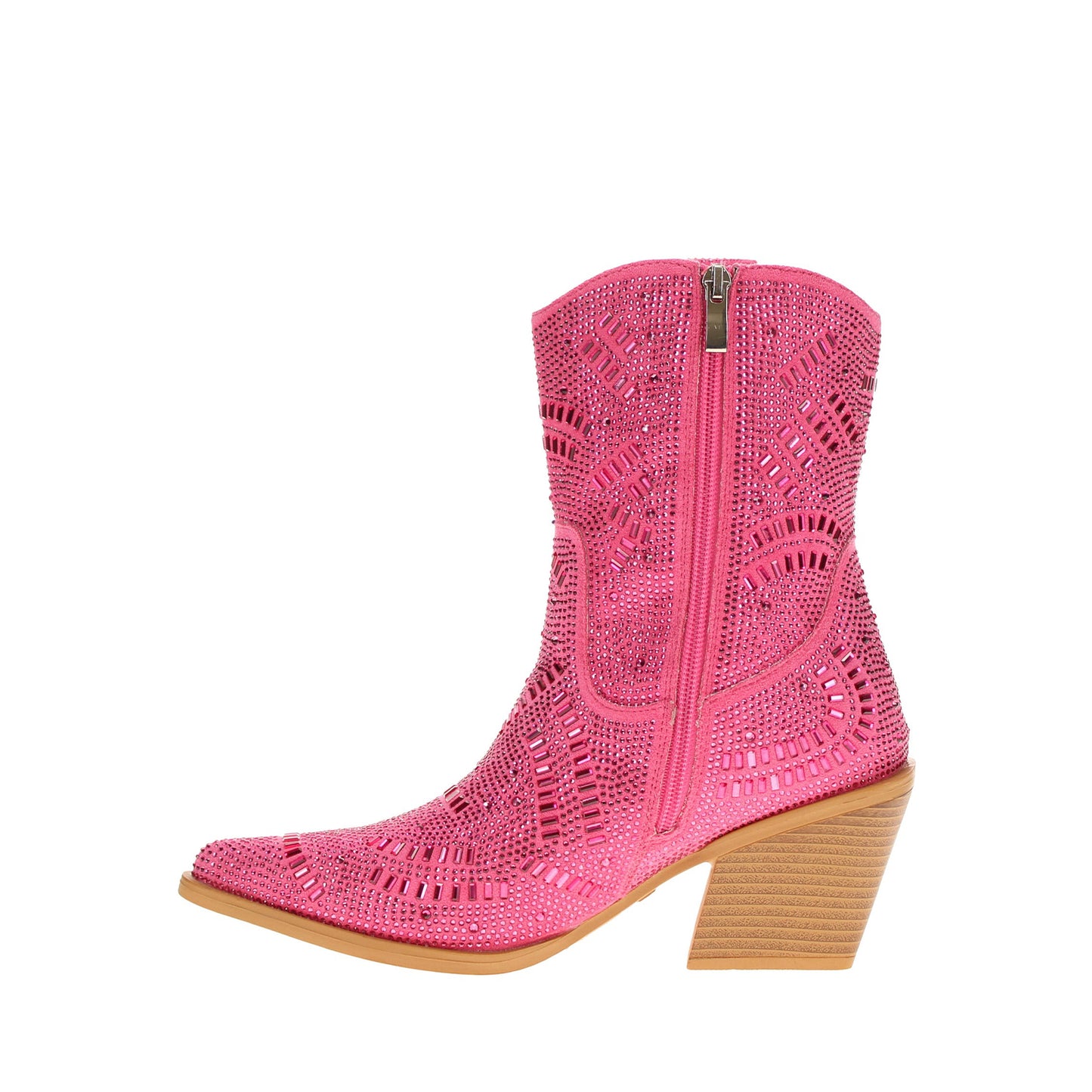Pink Faux Suede Pointed-Toe Full Crystals Full-Zip Ankle Cowgirl Boots