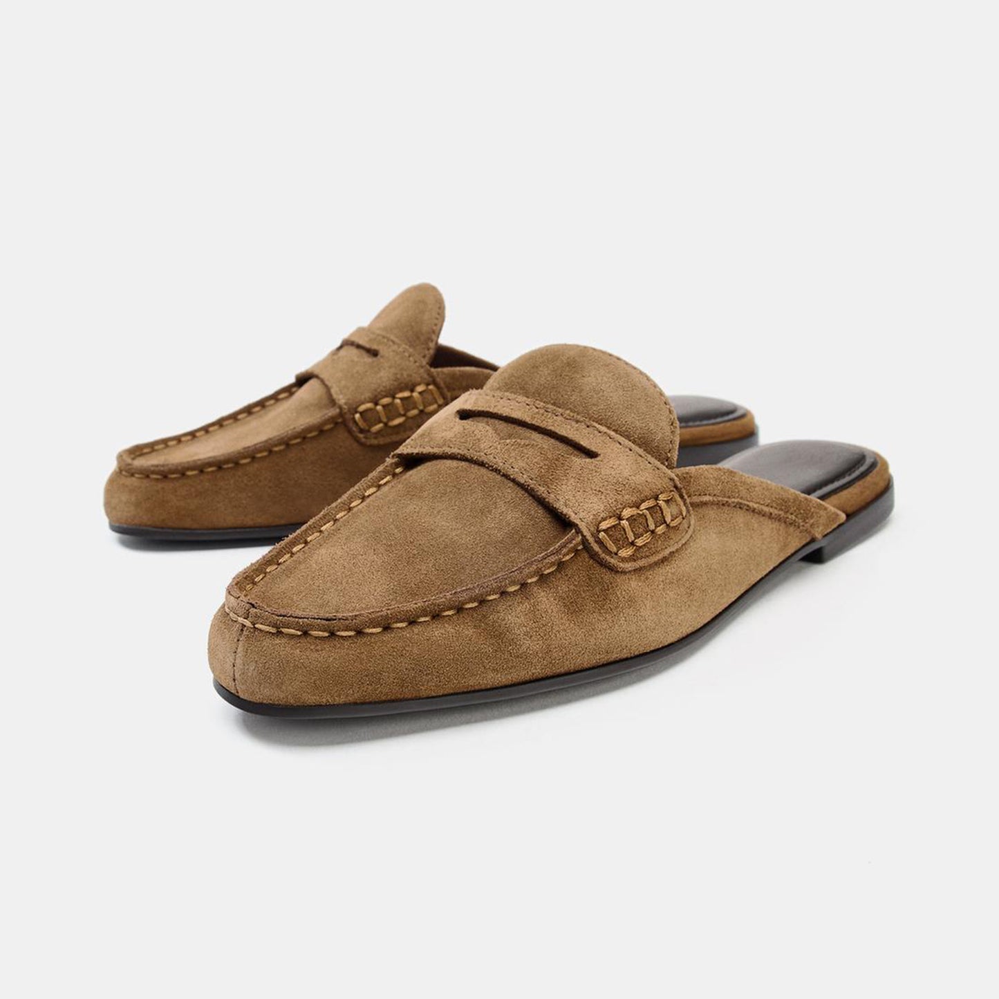 Brown Faux Suede Round-Toe Backless Slip-On Loafers Flats