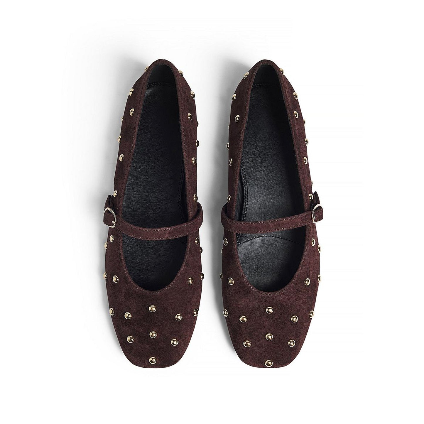 Brown Faux Suede Square-Toe Studs And Mary Jane Ballet Flats