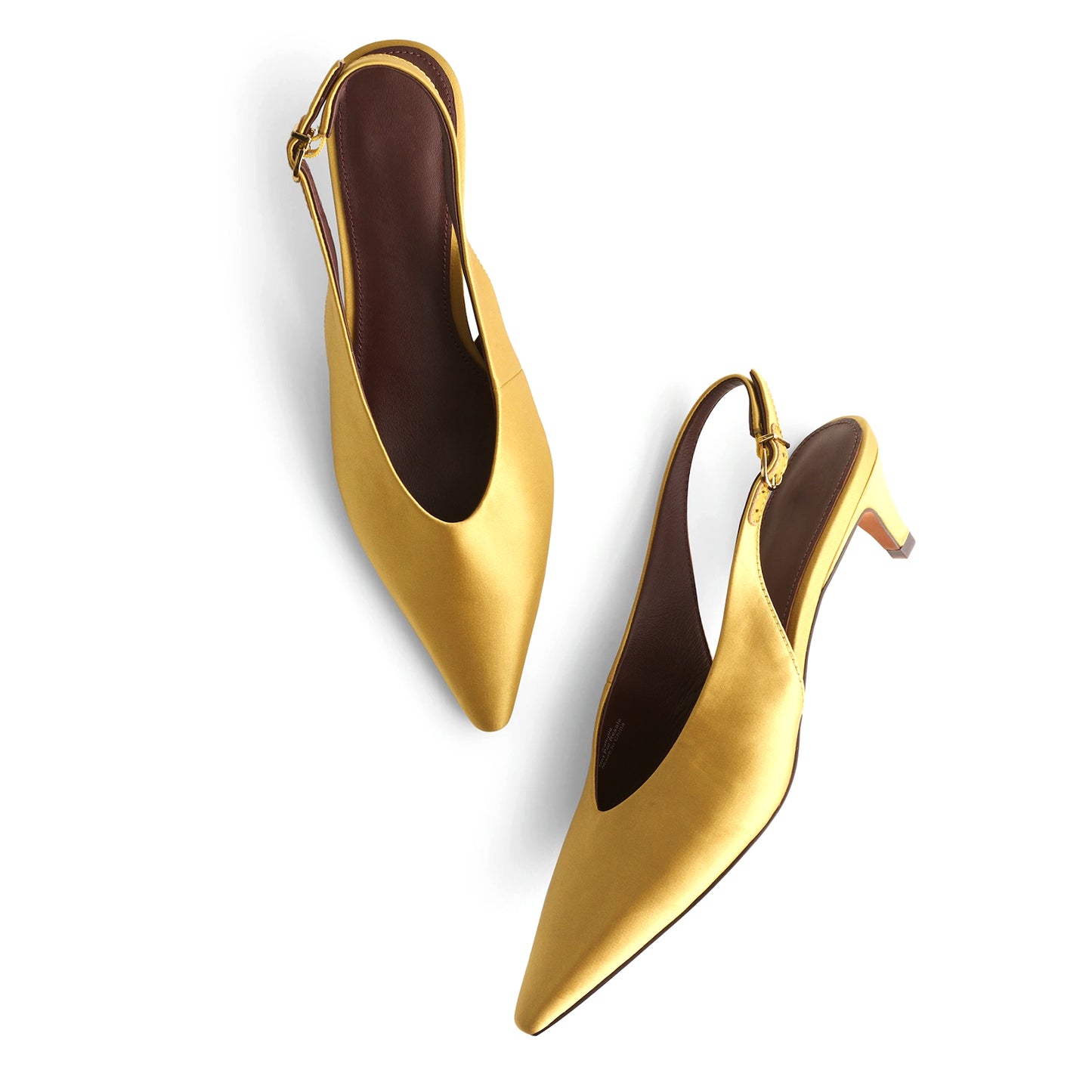 Olive Yellow Satin Pointed-Toe Slingback Slip-On Kitten Heels