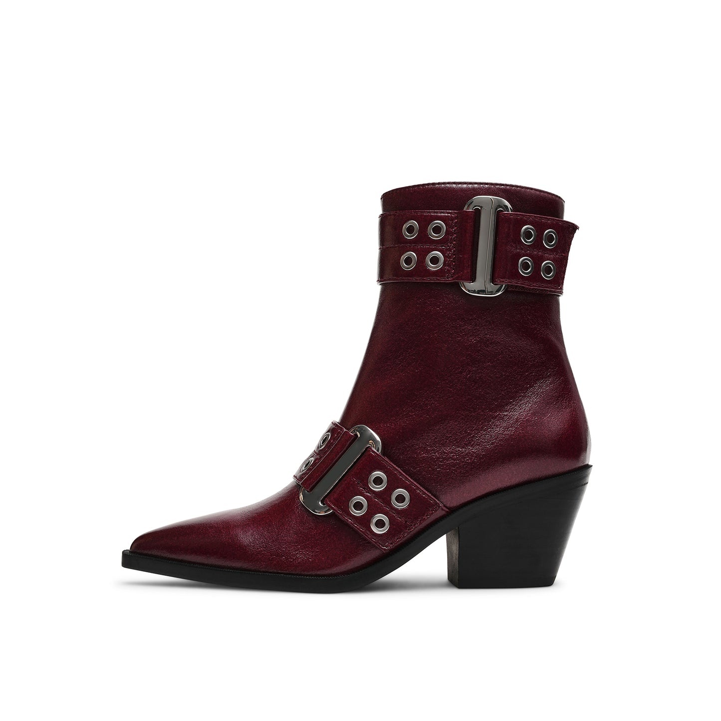 Burgundy Pointed-Toe Full-Zip Buckle Straps With Eyelets Ankle Cowgirl Boots
