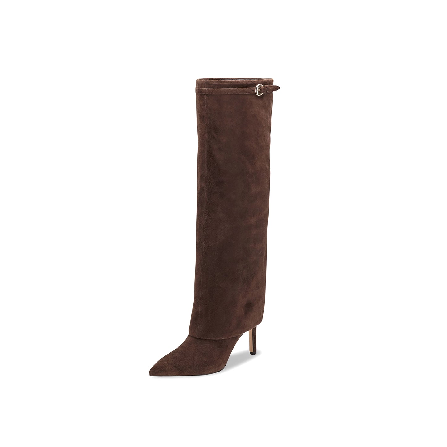 Brown Faux Suede Pointed-Toe Sleek Fold-Over Wide Calf Knee High Stiletto Boots