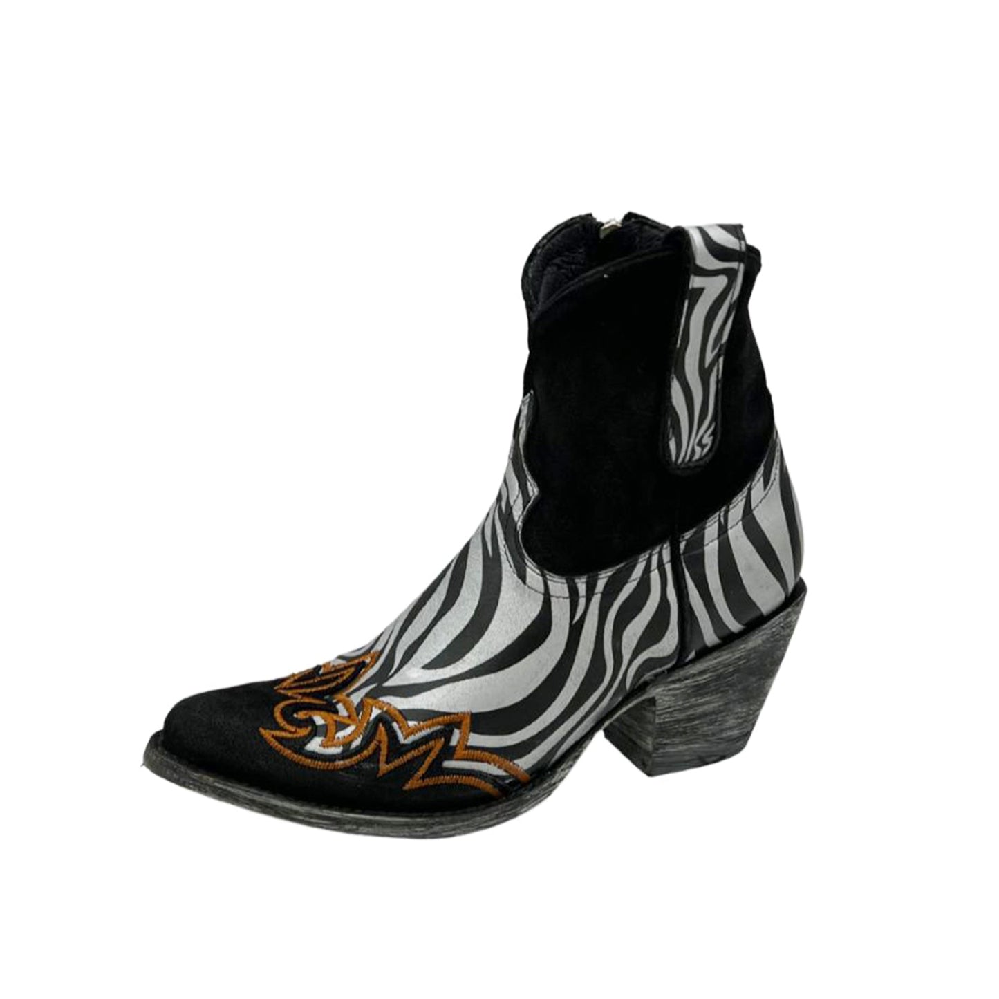 Contrast Black And Zebra Print Almond-Toe Embroidery Full-Zip Cowgirl Ankle Boots