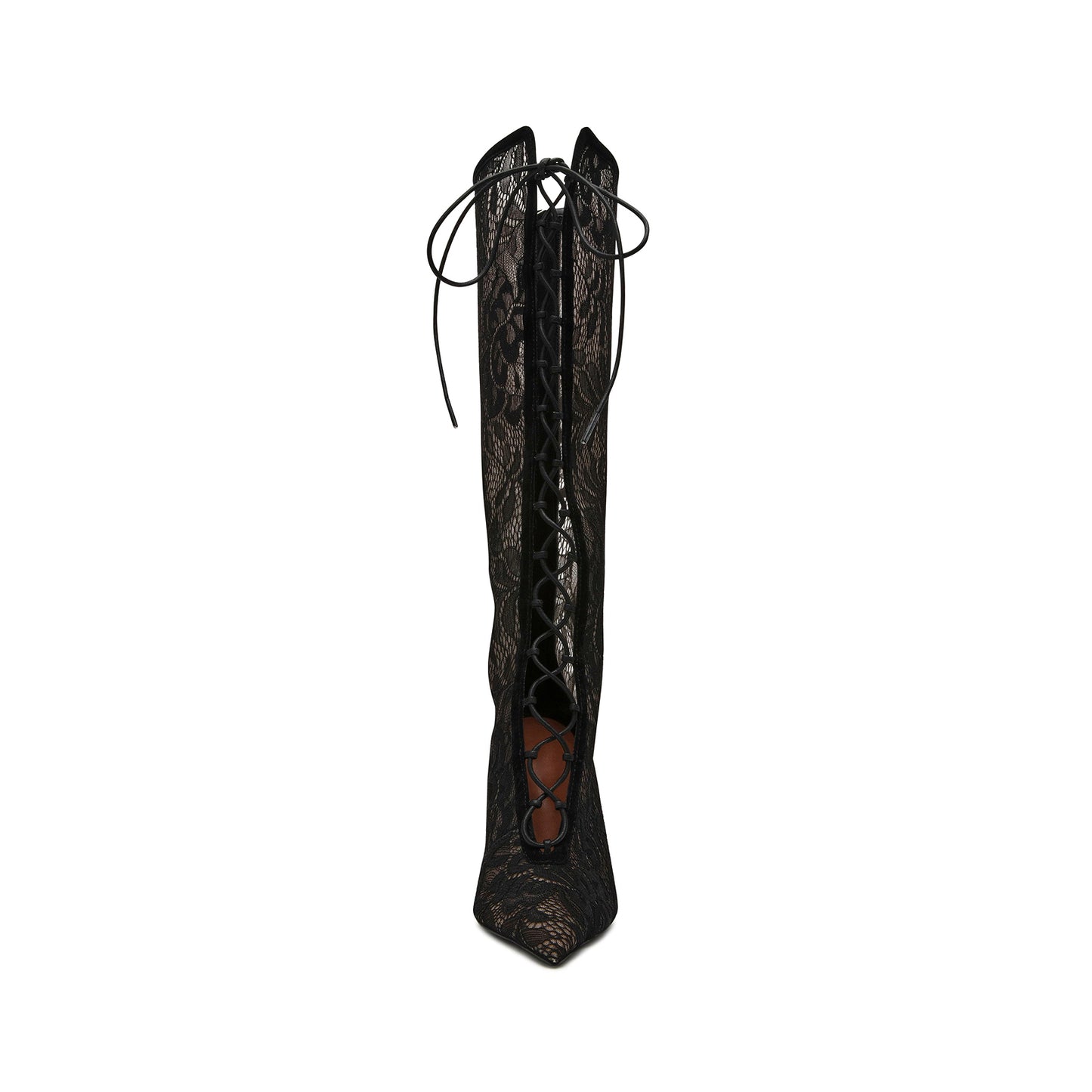 Black Lace Mesh Pointed-Toe Front Lace-Up And Back Full-Zip Knee High Stiletto Boots