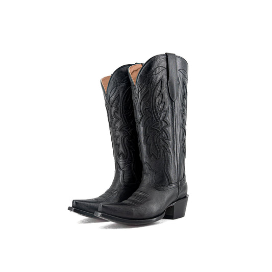 Black Snip-Toe Half-Zip Embroidery Mid Calf Cowgirl Boots