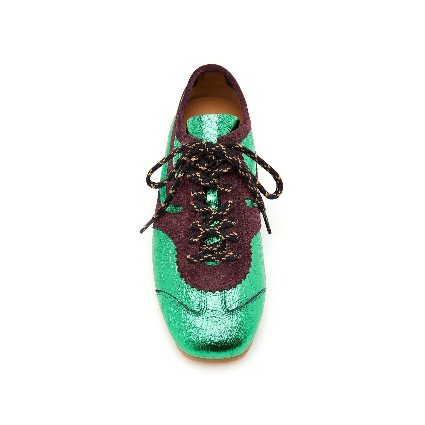 Green Contrast Faux Suede And Metallic Vegan Leather Square-Toe Lace-Up Sneakers Flats