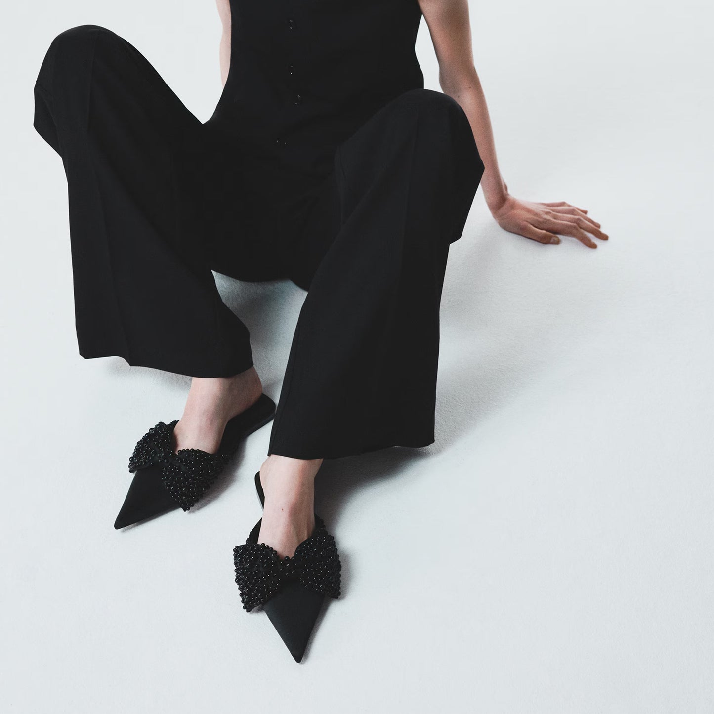 Black Satin Pointed-Toe Front Studded Bow Slip-On Flats
