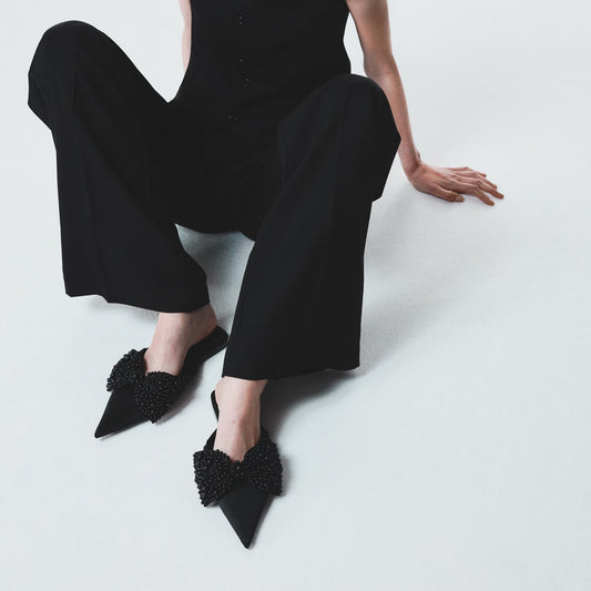 Black Satin Pointed-Toe Front Studded Bow Slip-On Flats