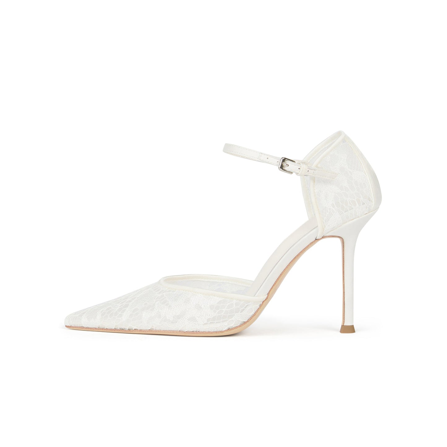 Ivory Lace Mesh Pointed-Toe Satin Ankle Strap High Heels