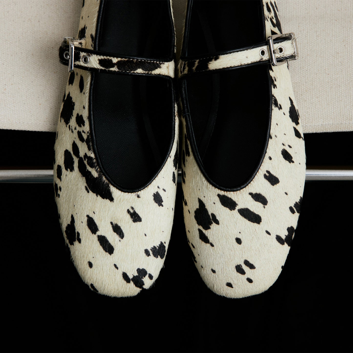 Cow Pony Hair Square-Toe Bridge Strap Ballet Flats