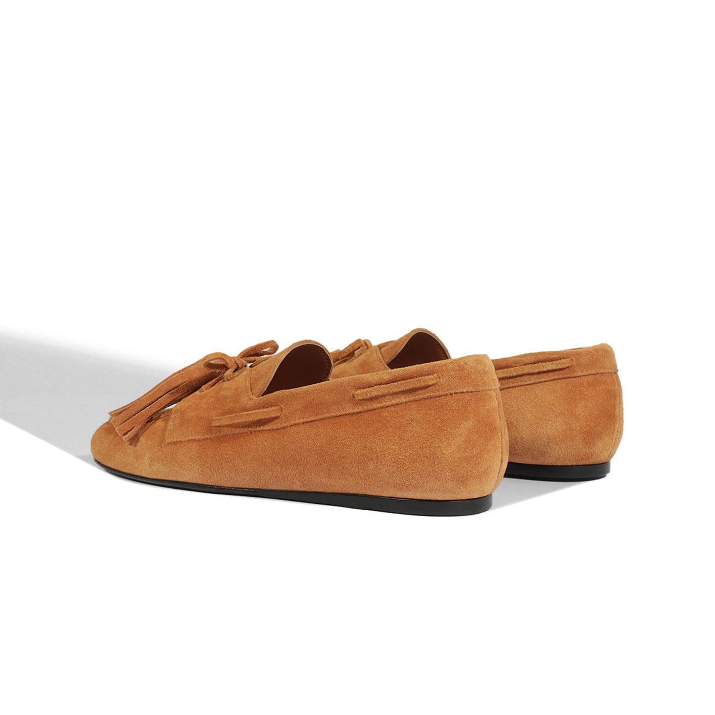 Caramel Faux Suede Square-Toe Front Bow With Fringe Slip-On Flats